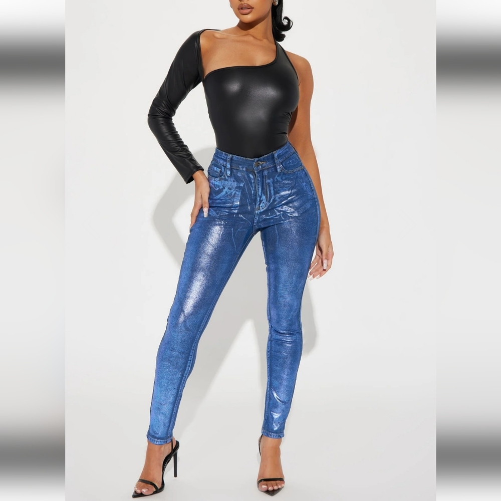 SOLD! FASHION NOVA Metallic Foil Stretch Skinny Jeans  Size 15 NWOT Purple